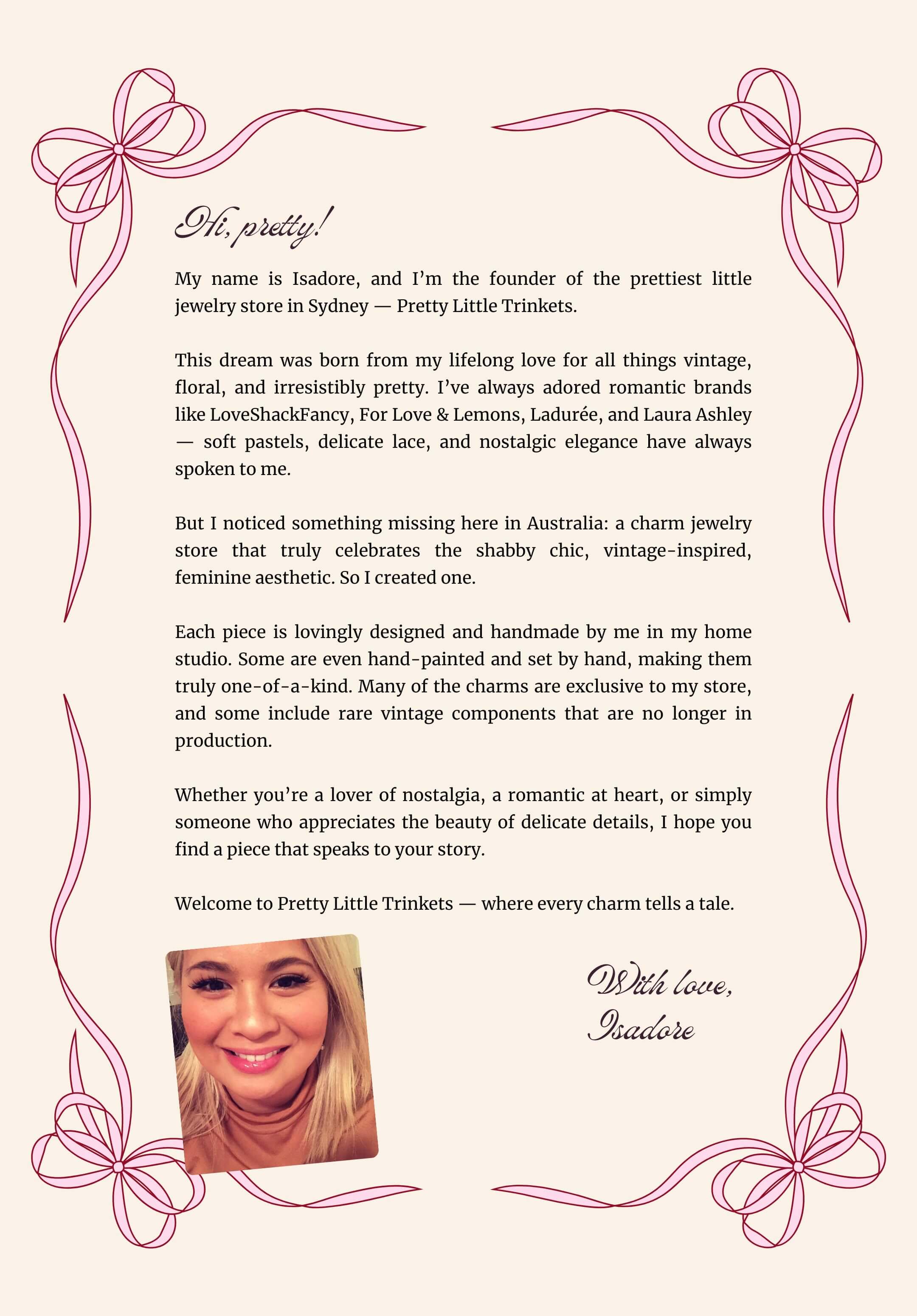Handwritten note from the founder of Pretty Little Trinkets Sydney sharing her inspiration.