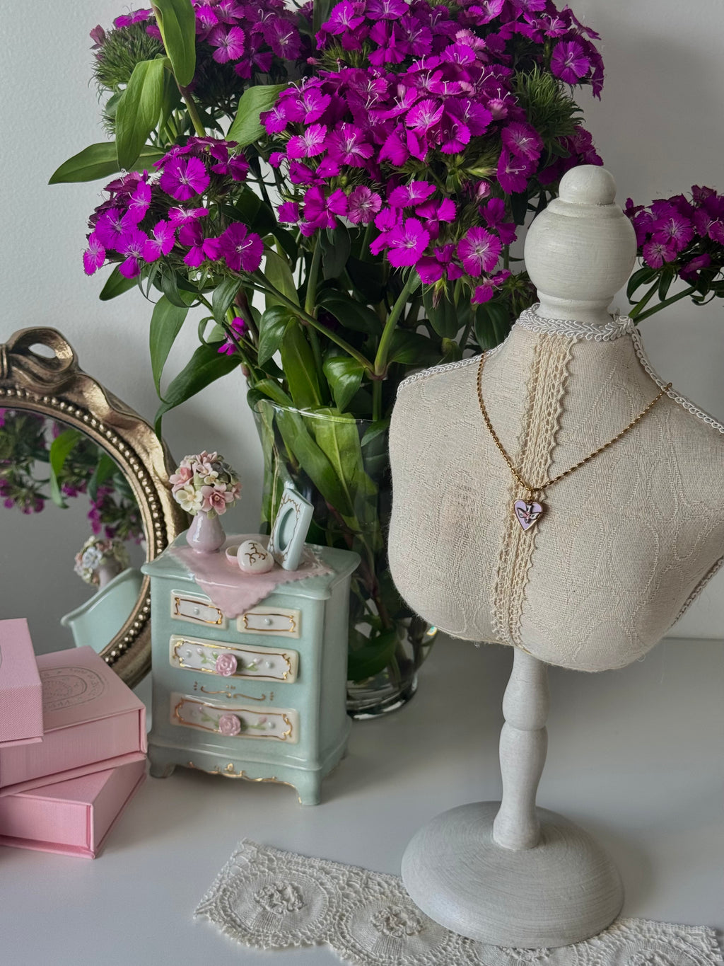 Lilac Fleur Heart Charm Necklace