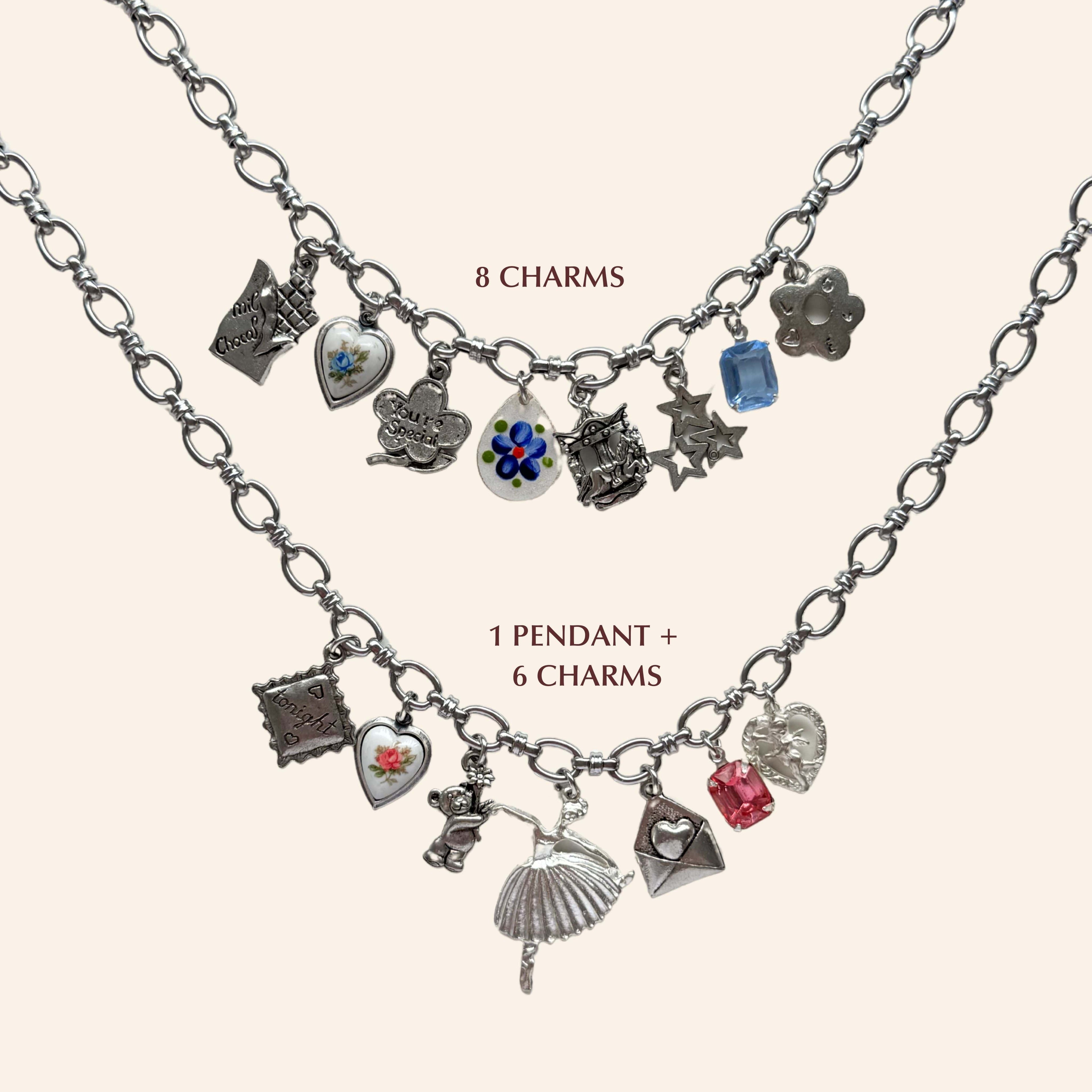 Create your own silver charm necklace with mix of pendant and charms