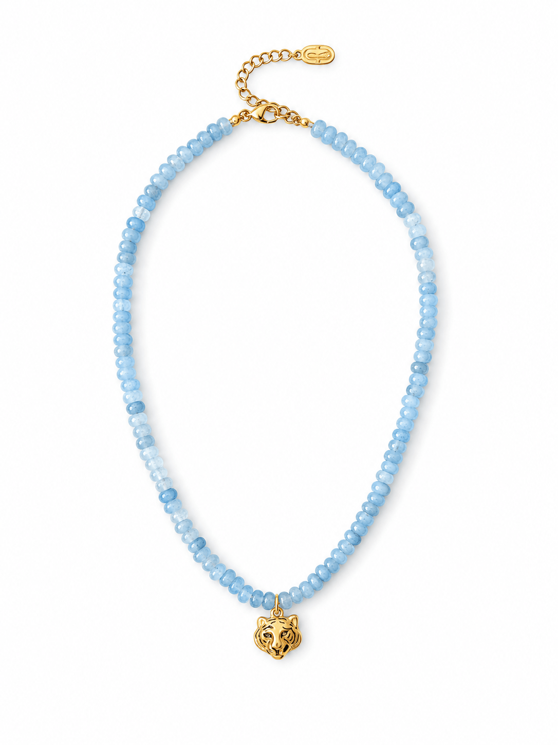 A beaded necklace featuring light blue faceted beads and a gold-tone pendant shaped like a stylized animal head, displayed on a clean white background.