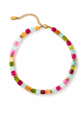 A colorful beaded necklace featuring alternating translucent square beads in pink, light blue, green, and orange, separated by small gold spacer beads and connected by a gold-tone chain clasp.