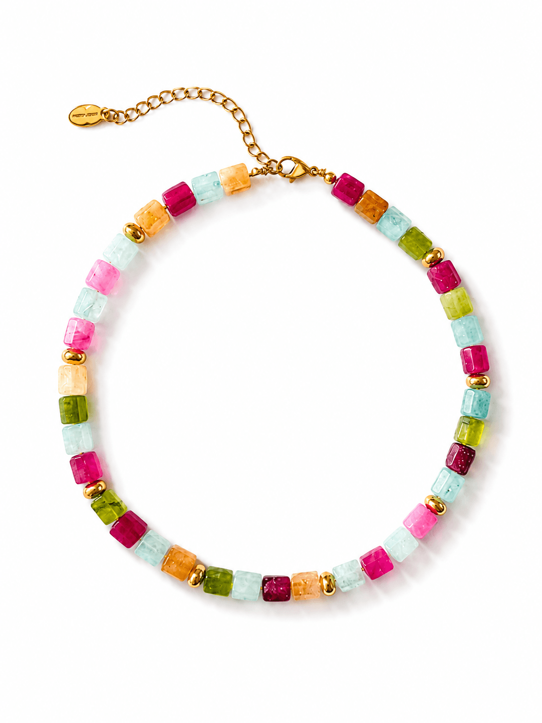 A colorful beaded necklace featuring alternating translucent square beads in pink, light blue, green, and orange, separated by small gold spacer beads and connected by a gold-tone chain clasp.