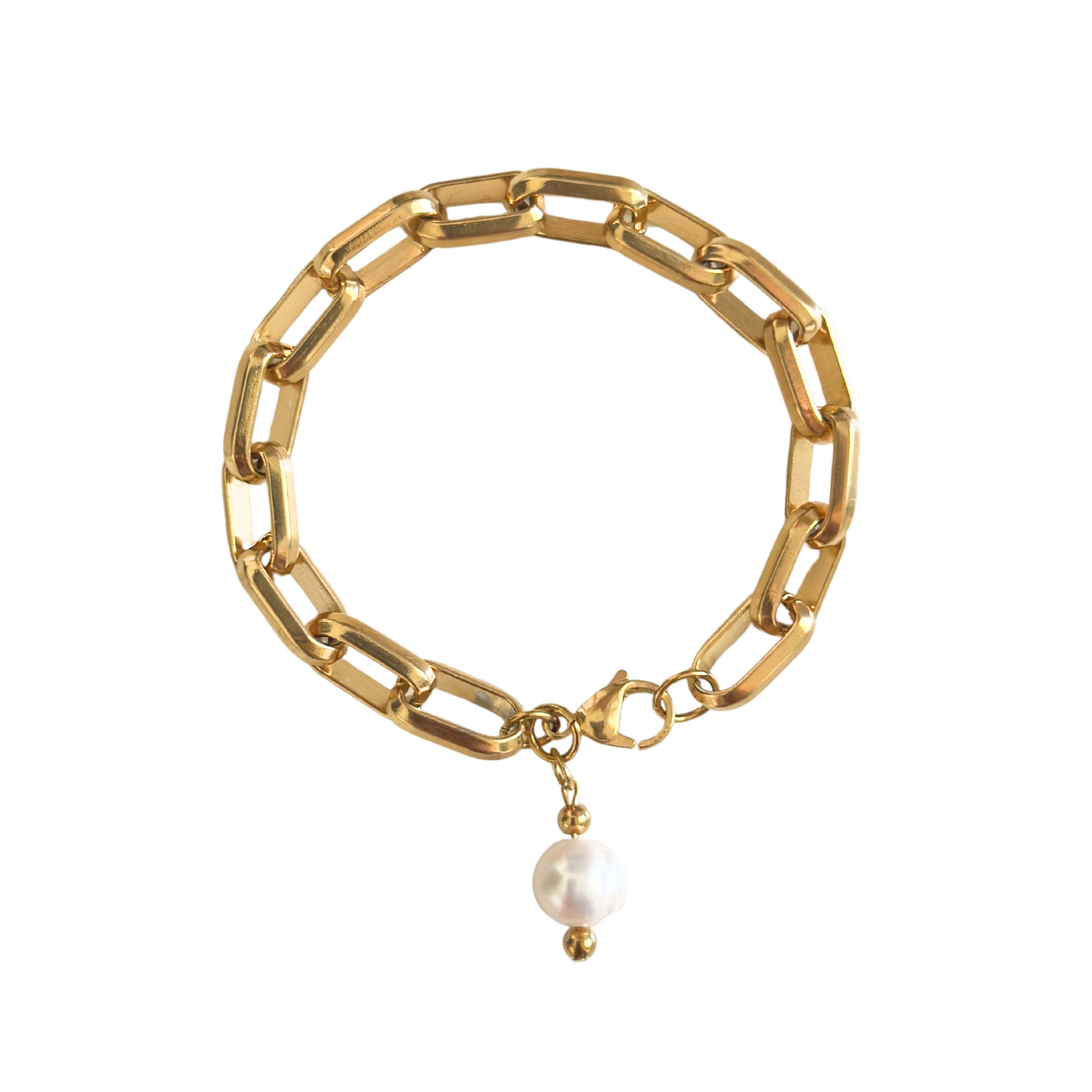 Cassandra Bracelet with Calista chain and freshwater pearl drop, 7.5-inch gold charm bracelet