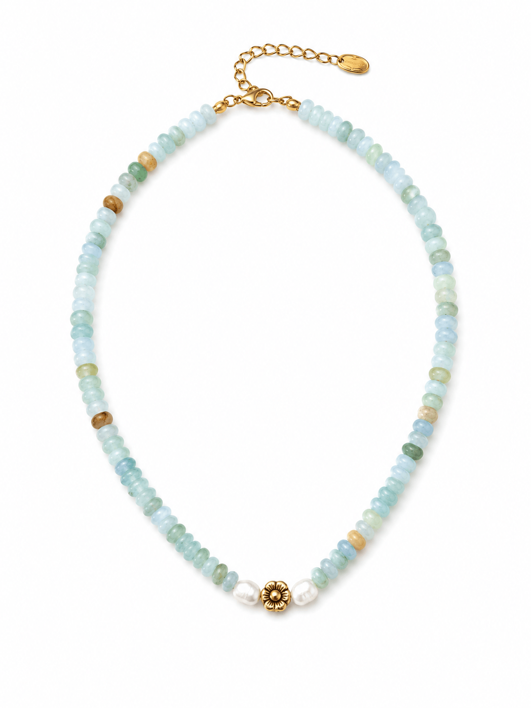 A beaded necklace featuring light blue, green, and beige stone beads with a gold-tone flower charm and extender chain, displayed on a clean white background.