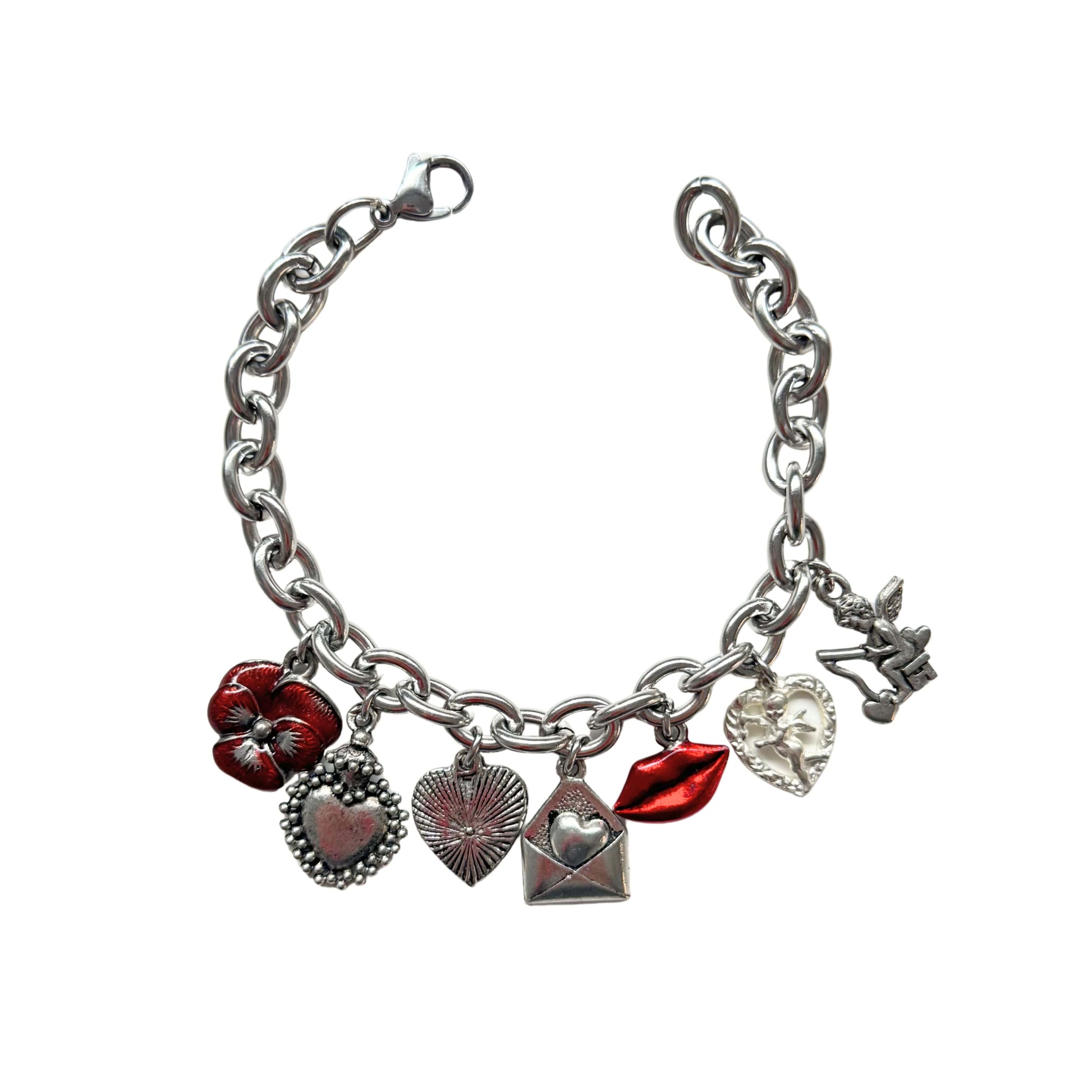 Close-up of hand-painted red pansy and lips charm on bracelet