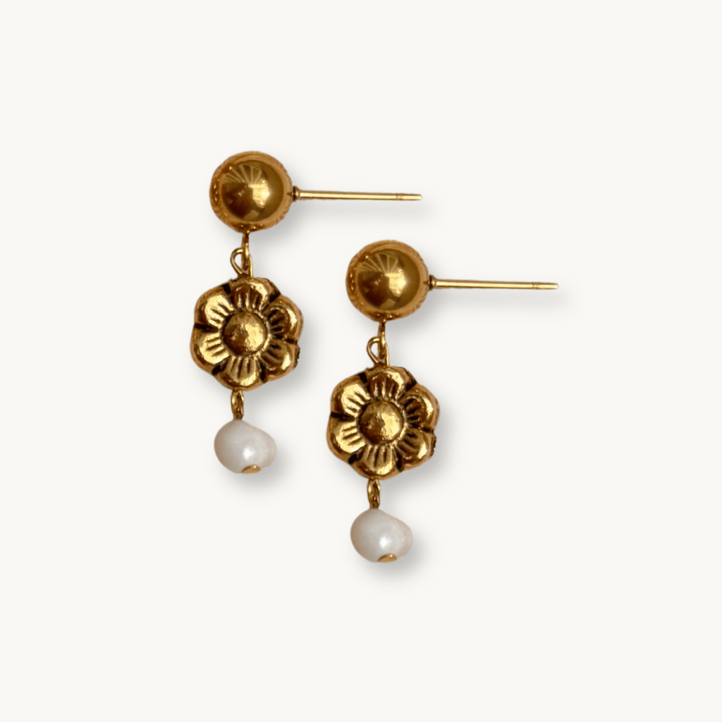 Close-up of Demi Earrings with baroque pearl accent