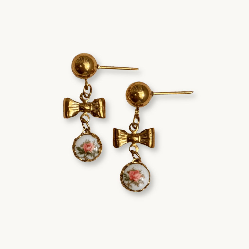 The Elea Earrings with bow connector and pink rose ceramic