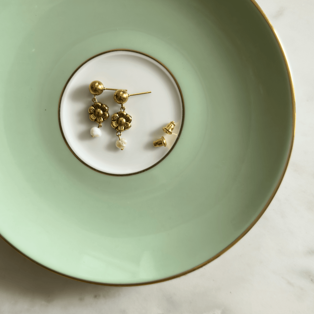 Demi Earrings with gold ball studs and pewter flower