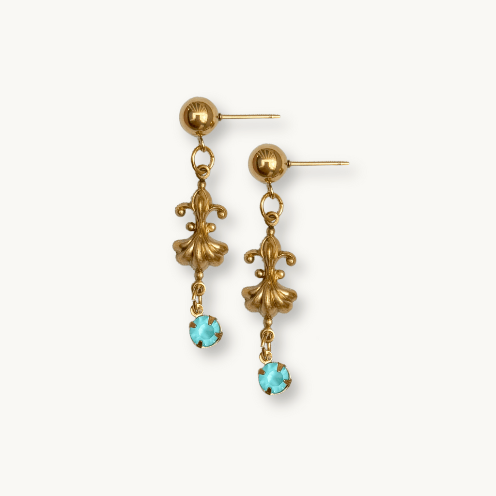 Felise Earrings featuring gold-plated ball studs with an Art Deco brass drop and vibrant Chaton stones.