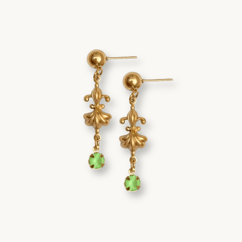 Felise Earrings featuring gold-plated ball studs with an Art Deco brass drop and vibrant Chaton stones.