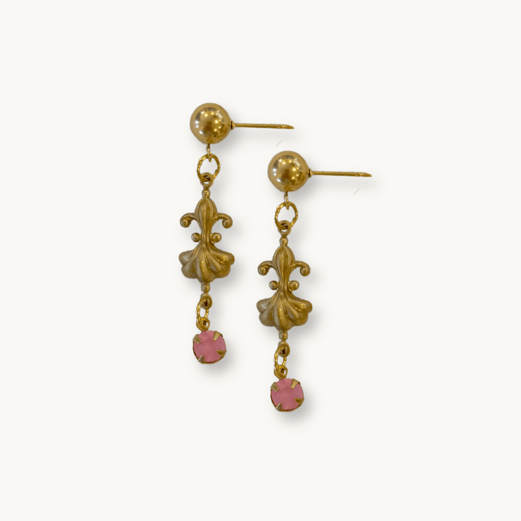 Felise Earrings featuring gold-plated ball studs with an Art Deco brass drop and vibrant Chaton stones.