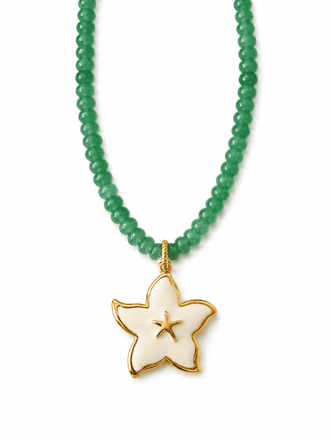 A green beaded necklace with a gold and white starfish pendant on a clean white background.