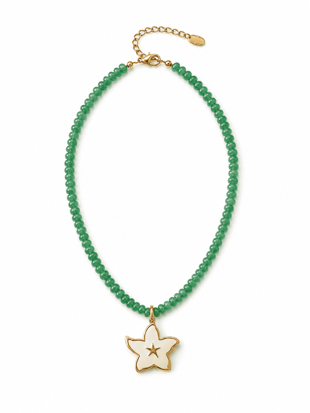 A beaded necklace featuring a strand of small green faceted beads, a gold-tone extender chain with clasp, and a gold-tone star-shaped pendant with a white center.
