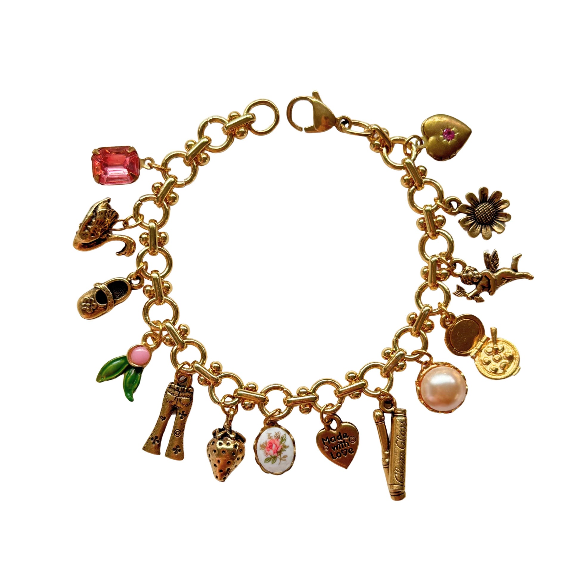 Gwen Bracelet featuring Yennifer chain, vintage stones, and delicate floral accents