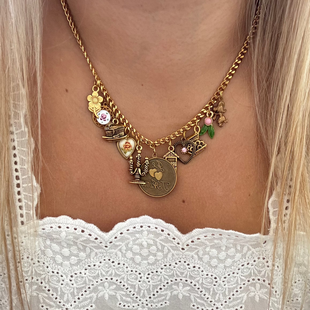 Model wearing the Willow Necklace, showing its playful and sentimental design.