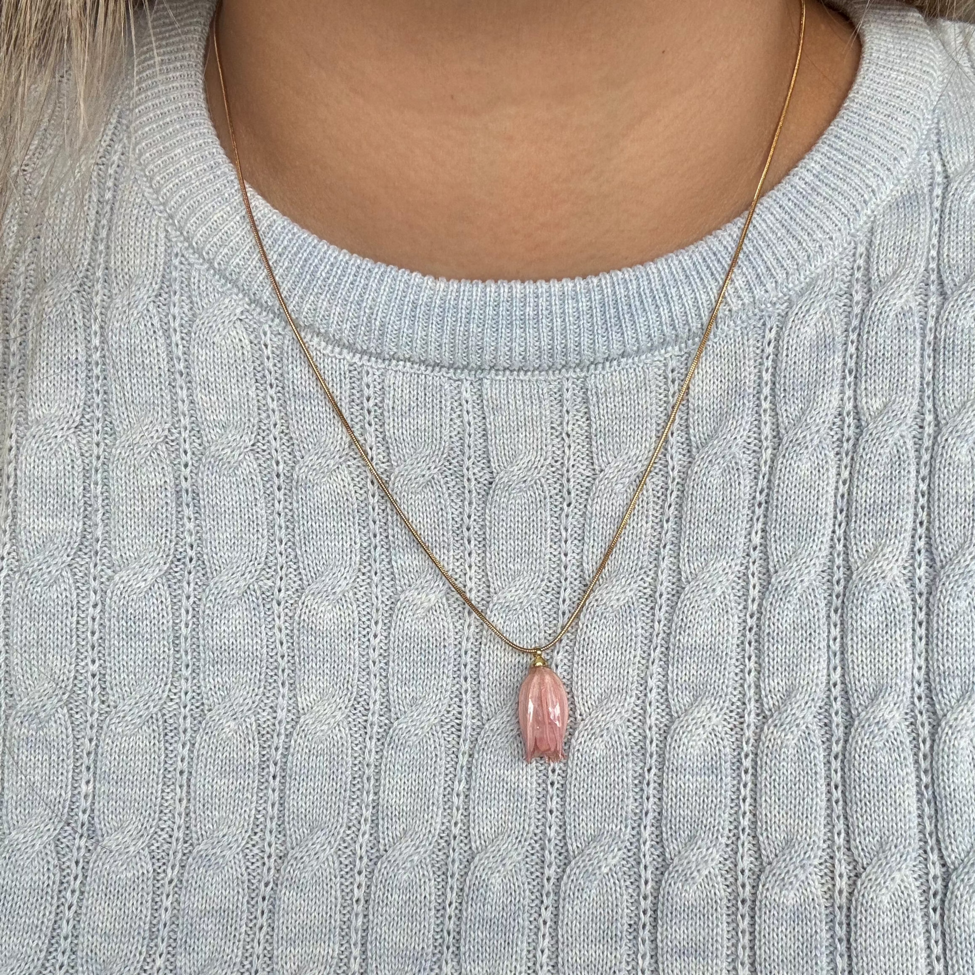 Model wearing the Isla Necklace in pink