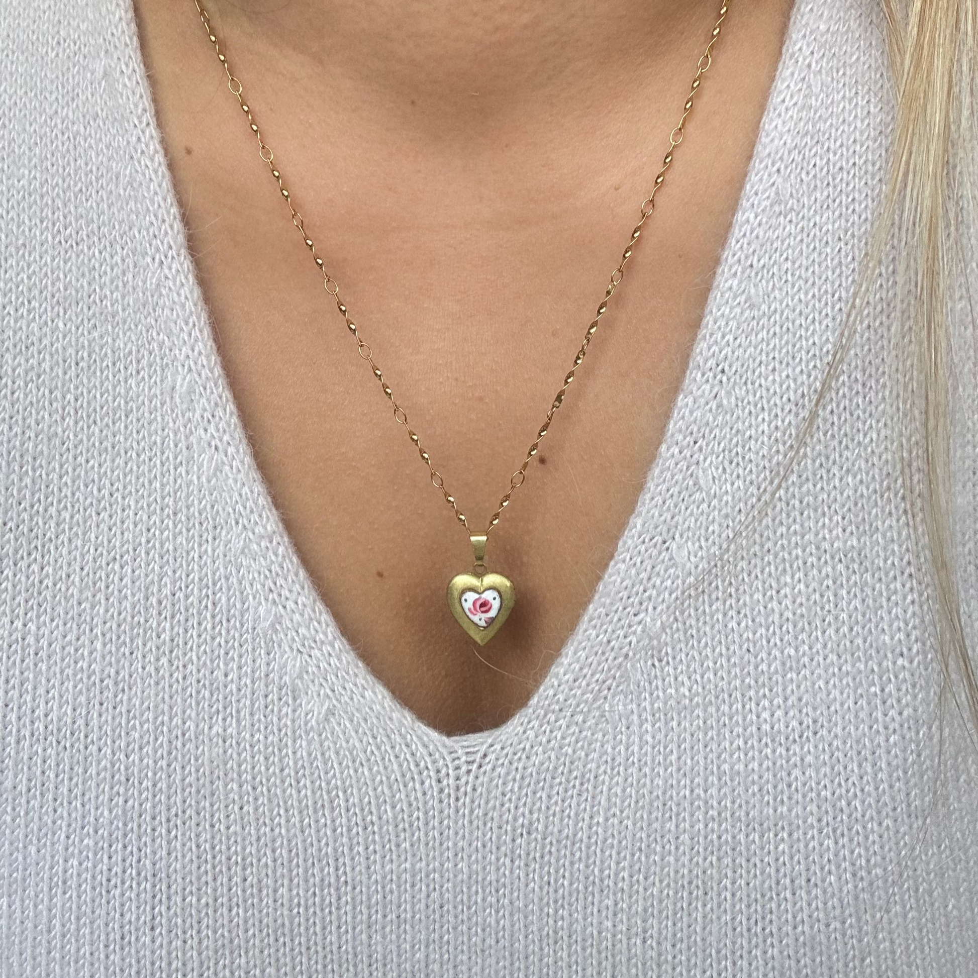 Model wearing the Anna Necklace styled with a soft, feminine outfit