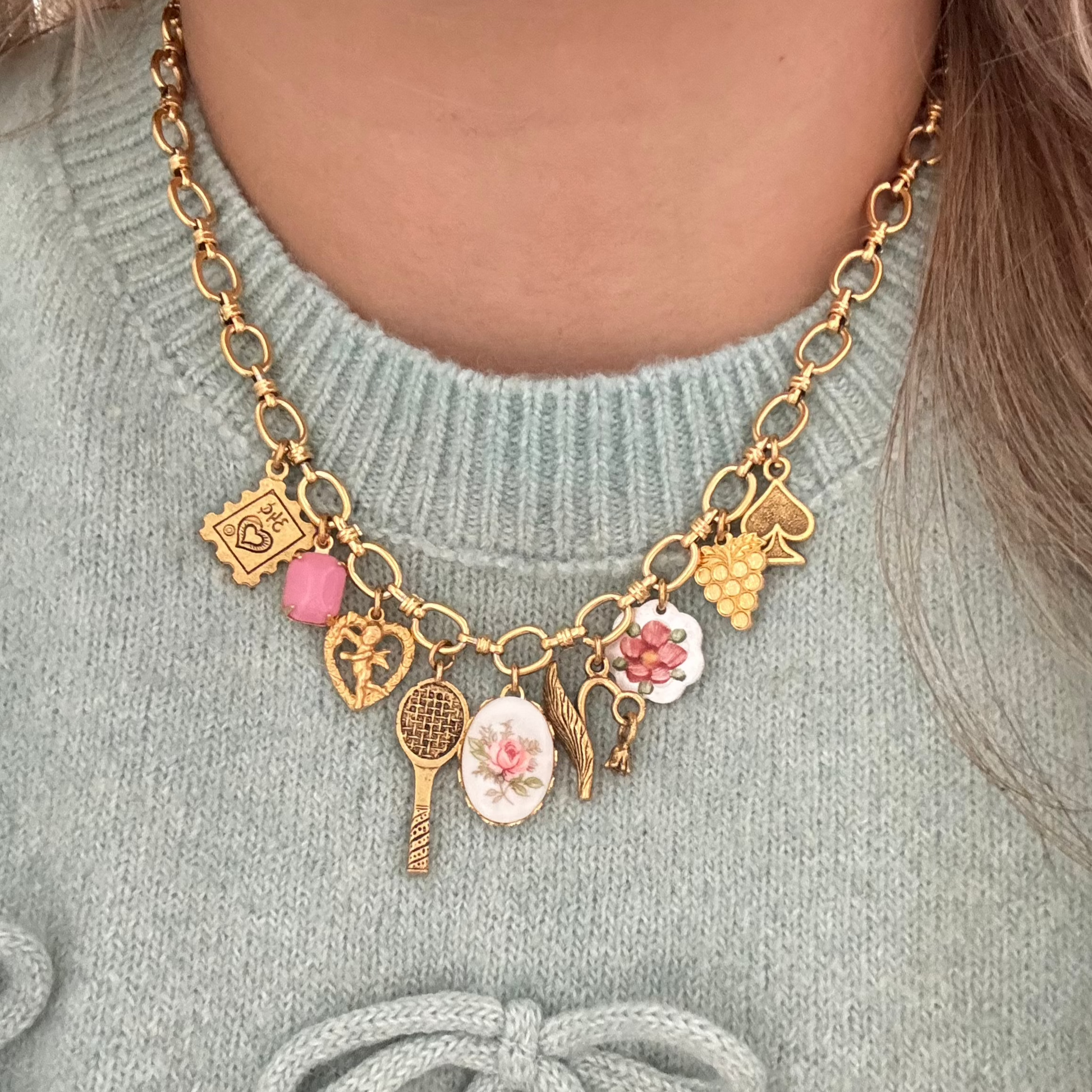 Model wearing the Agnes Necklace styled for a whimsical look