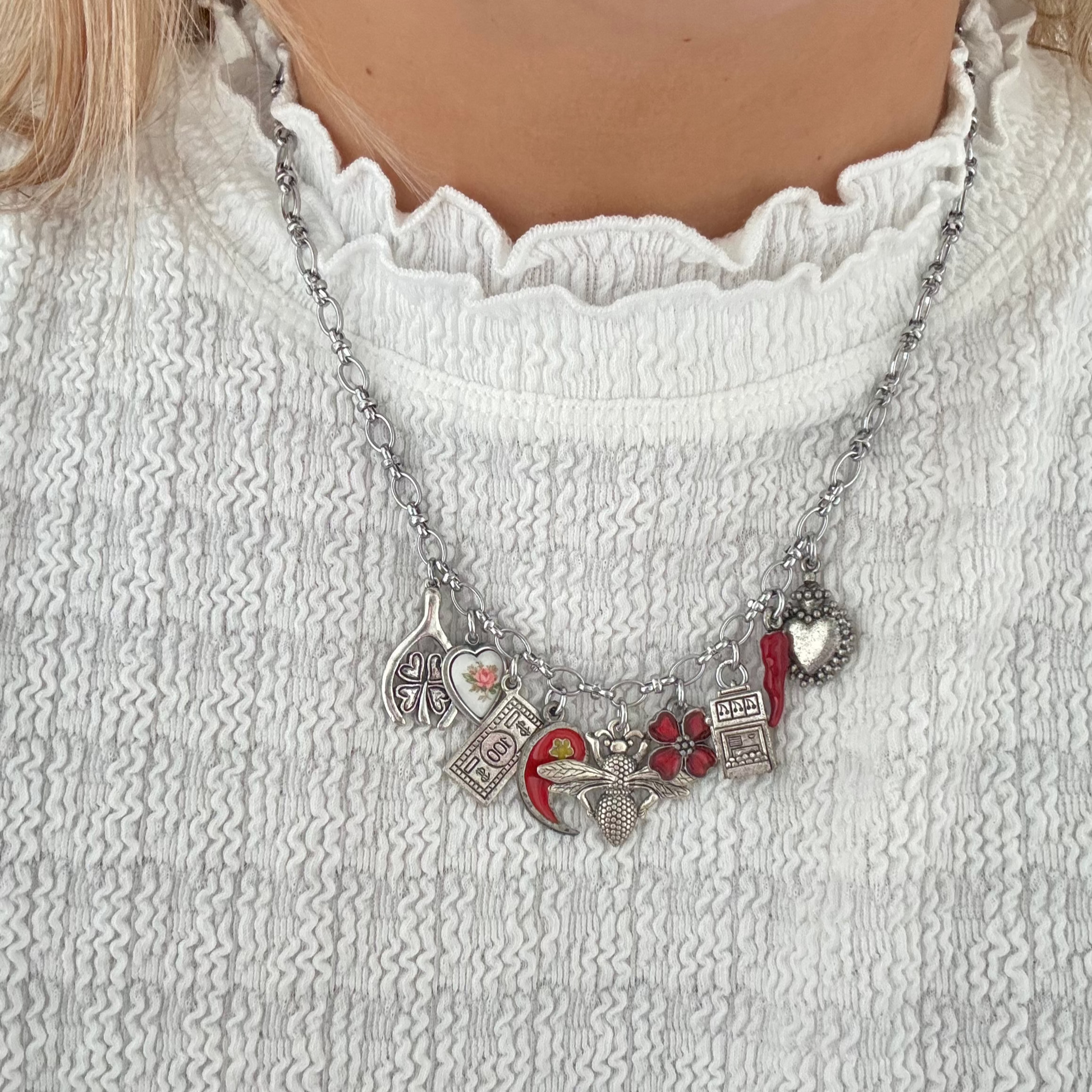 Model wearing Ninette Necklace with neutral outfit