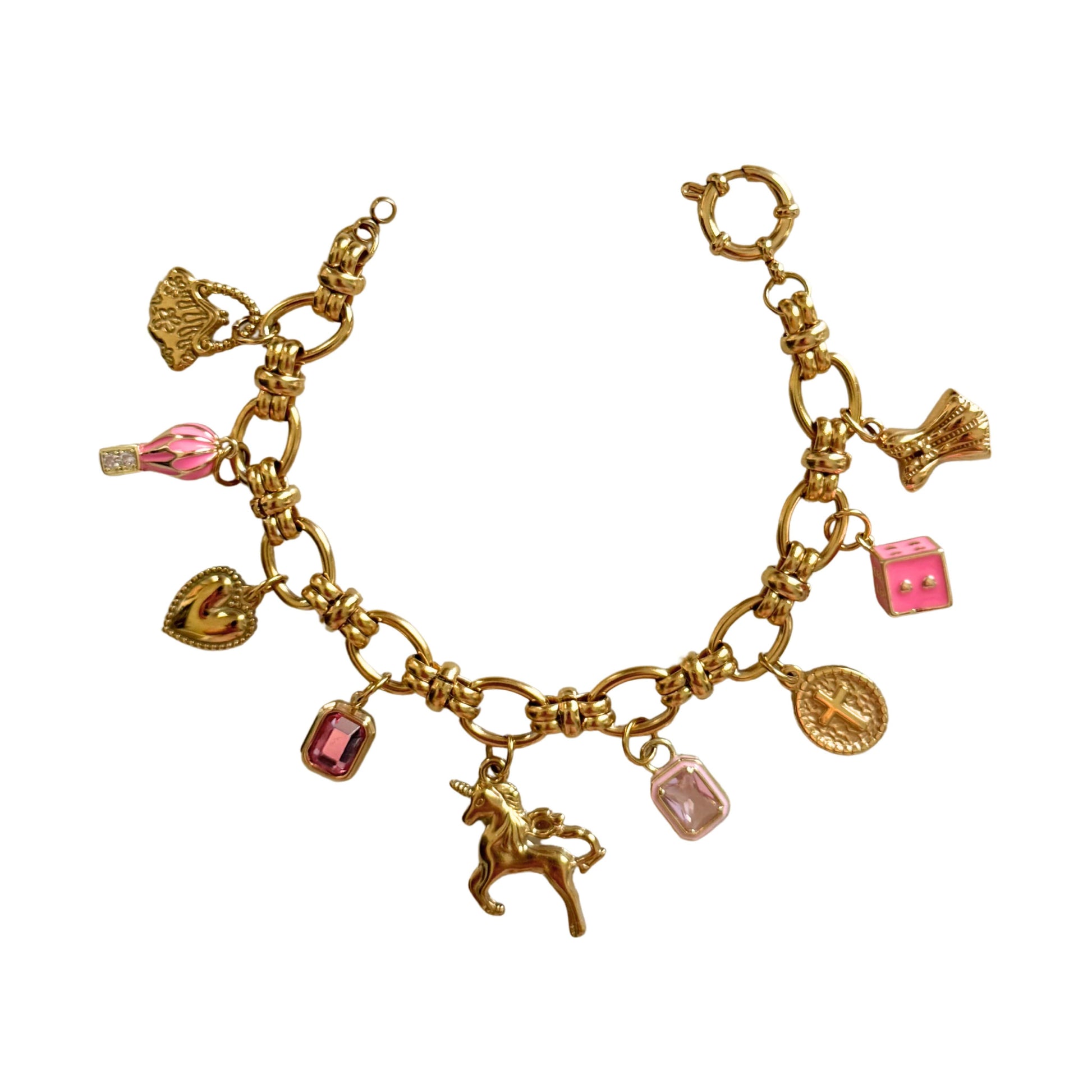 Jessie Bracelet with Georgette chain and 9 gold-plated charms on white background