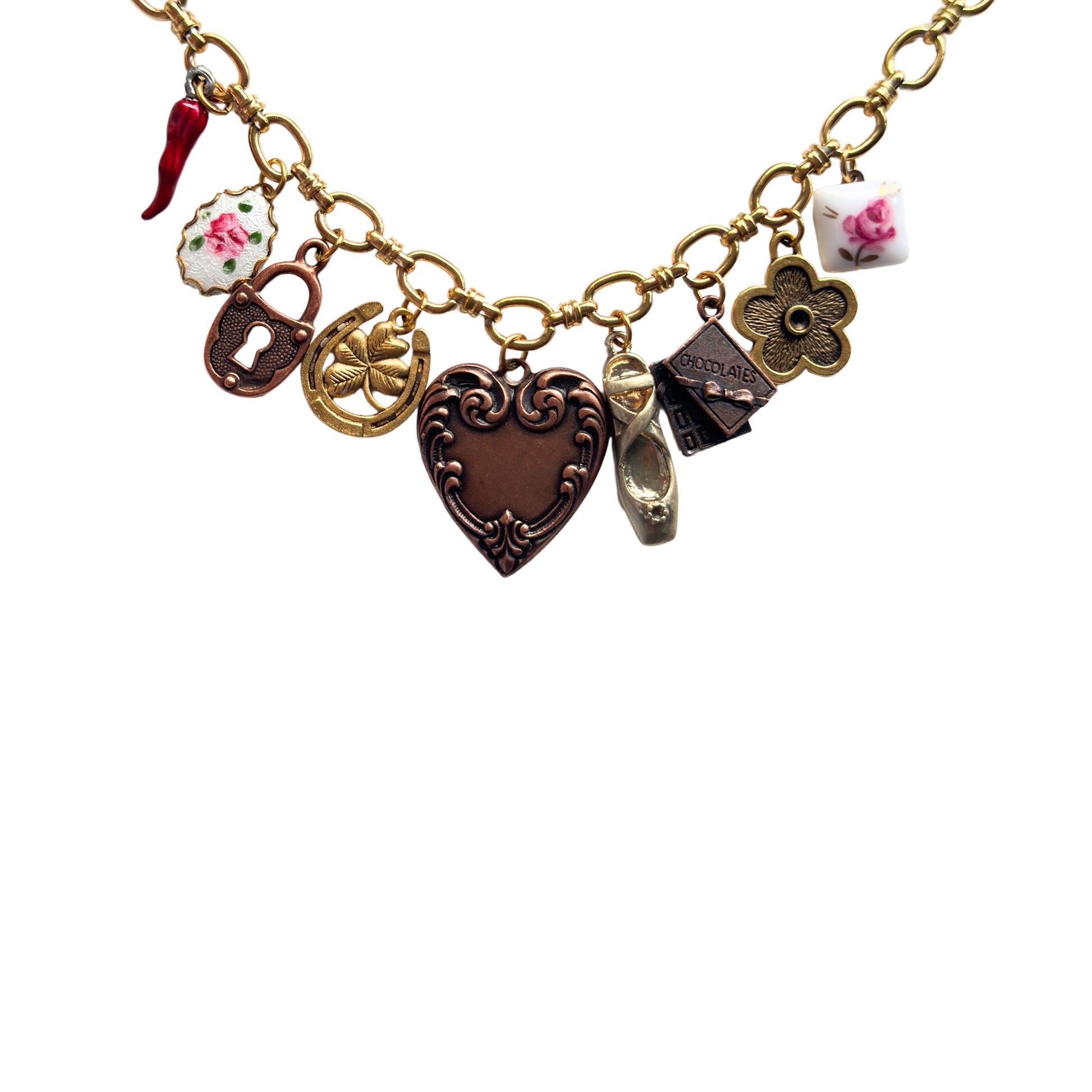 Close-up of copper effect lock and chocolate charms