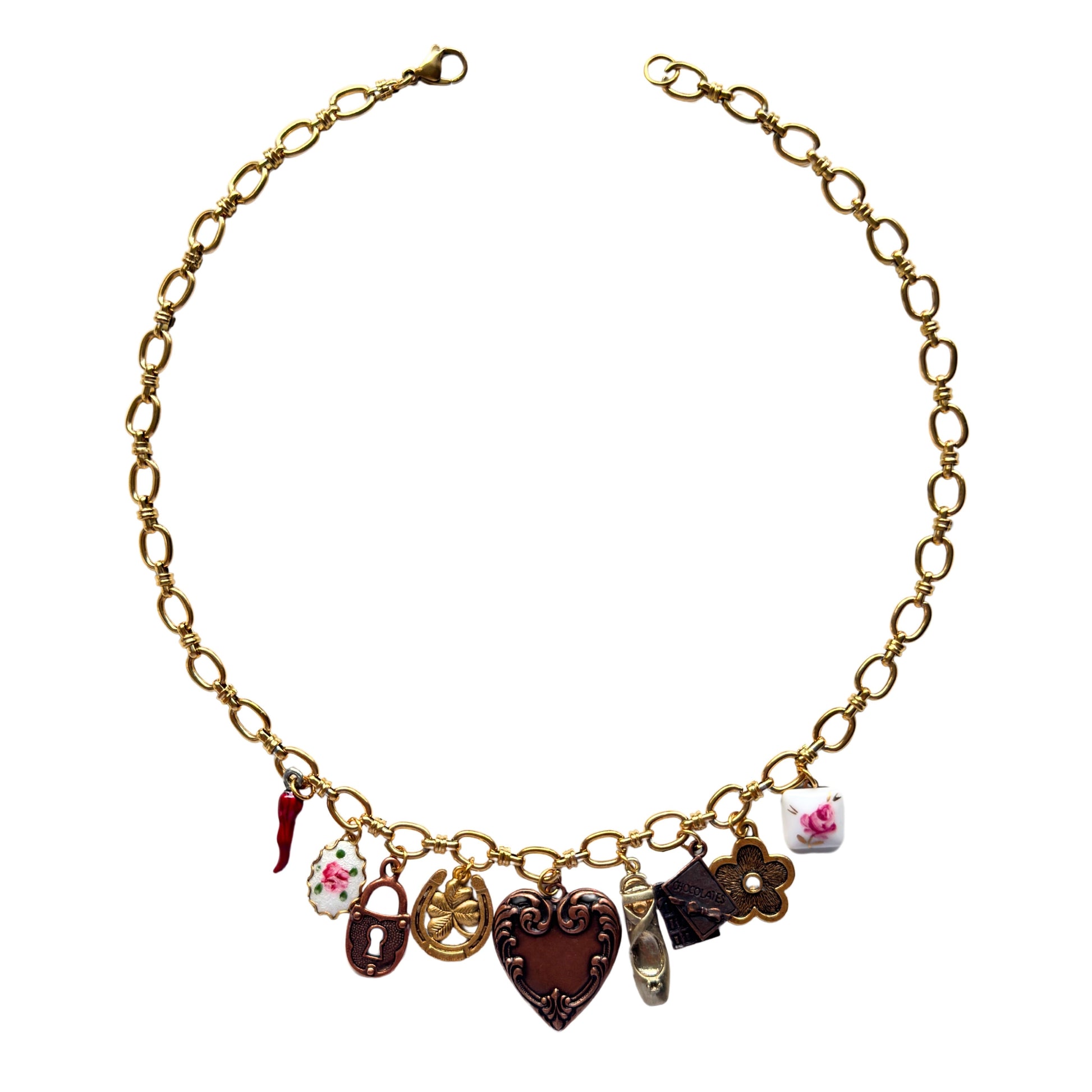 Lisa Necklace flatlay with lucky and vintage-inspired charms