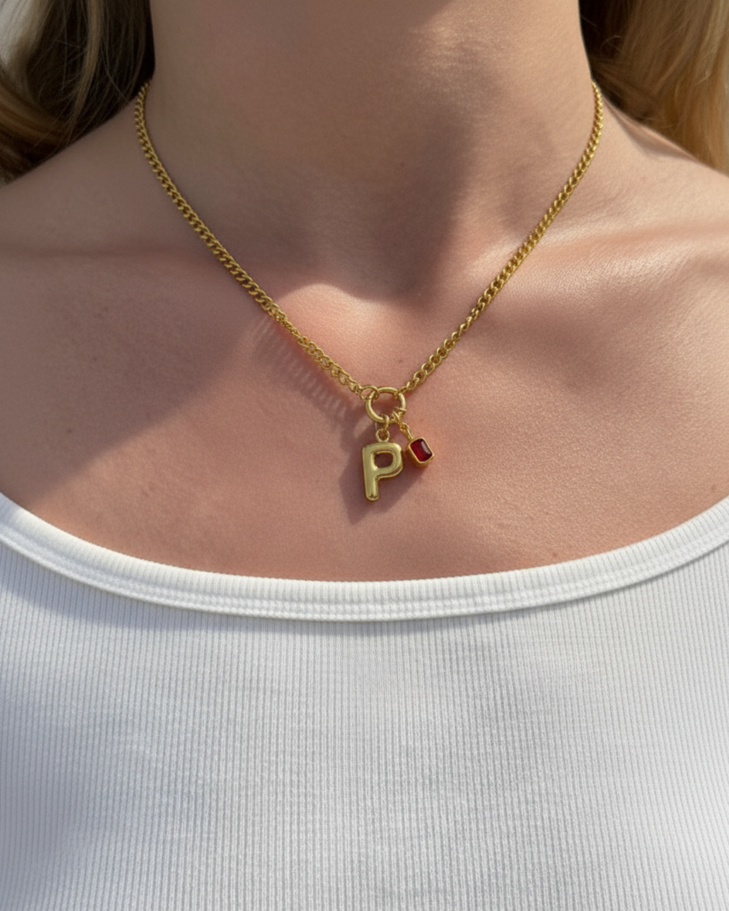 Custom Lydia Necklace | 2 Charms: Letter Initial + Birthstone