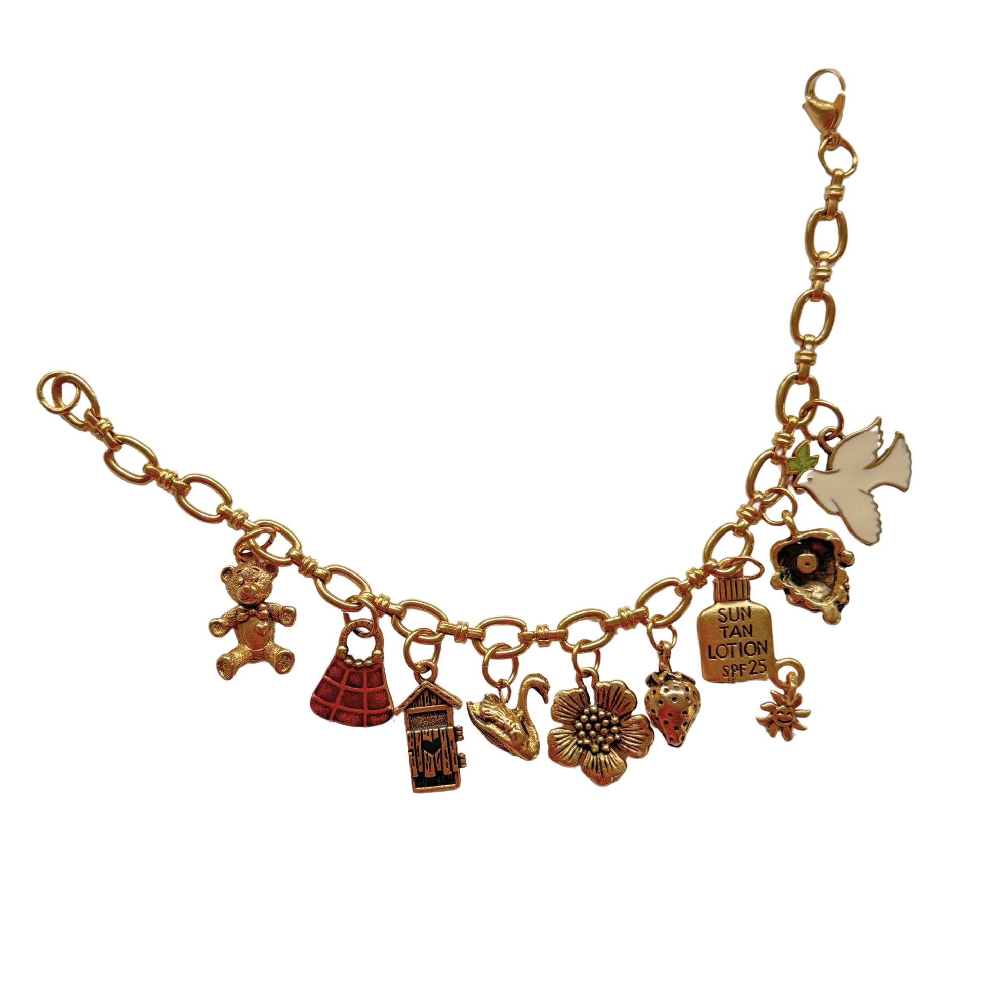 Gold-plated charm bracelet featuring teddy bear, red bag, sunflower, and strawberry