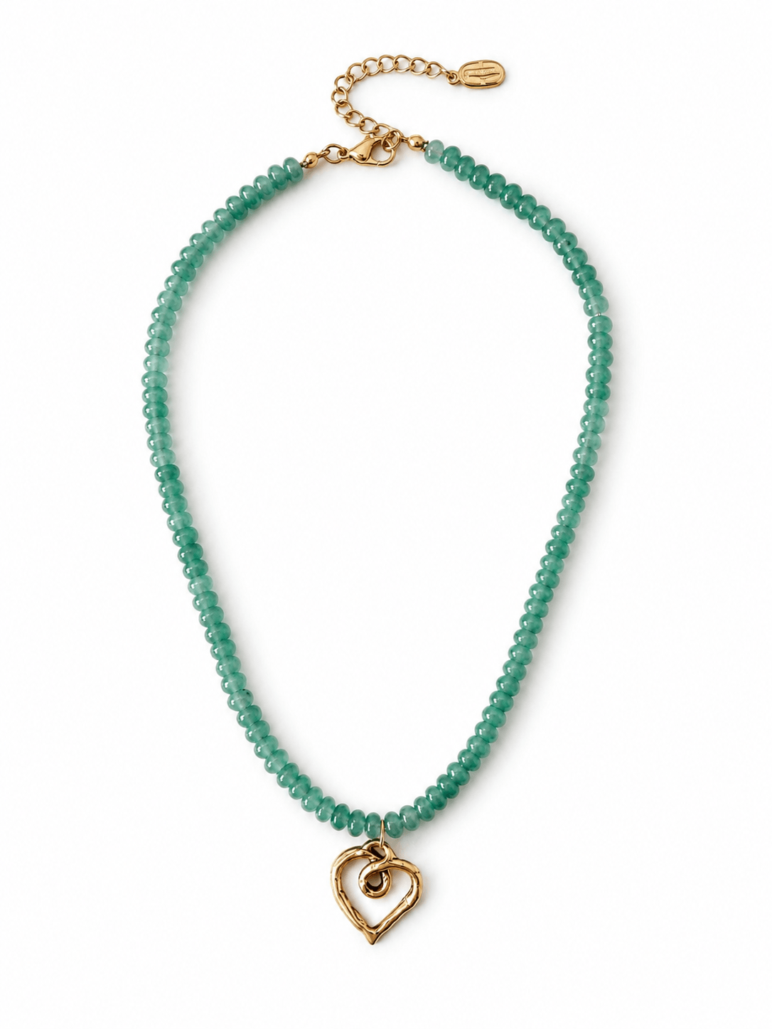 A beaded necklace featuring small, faceted green beads and a gold heart-shaped pendant, displayed on a clean white background.