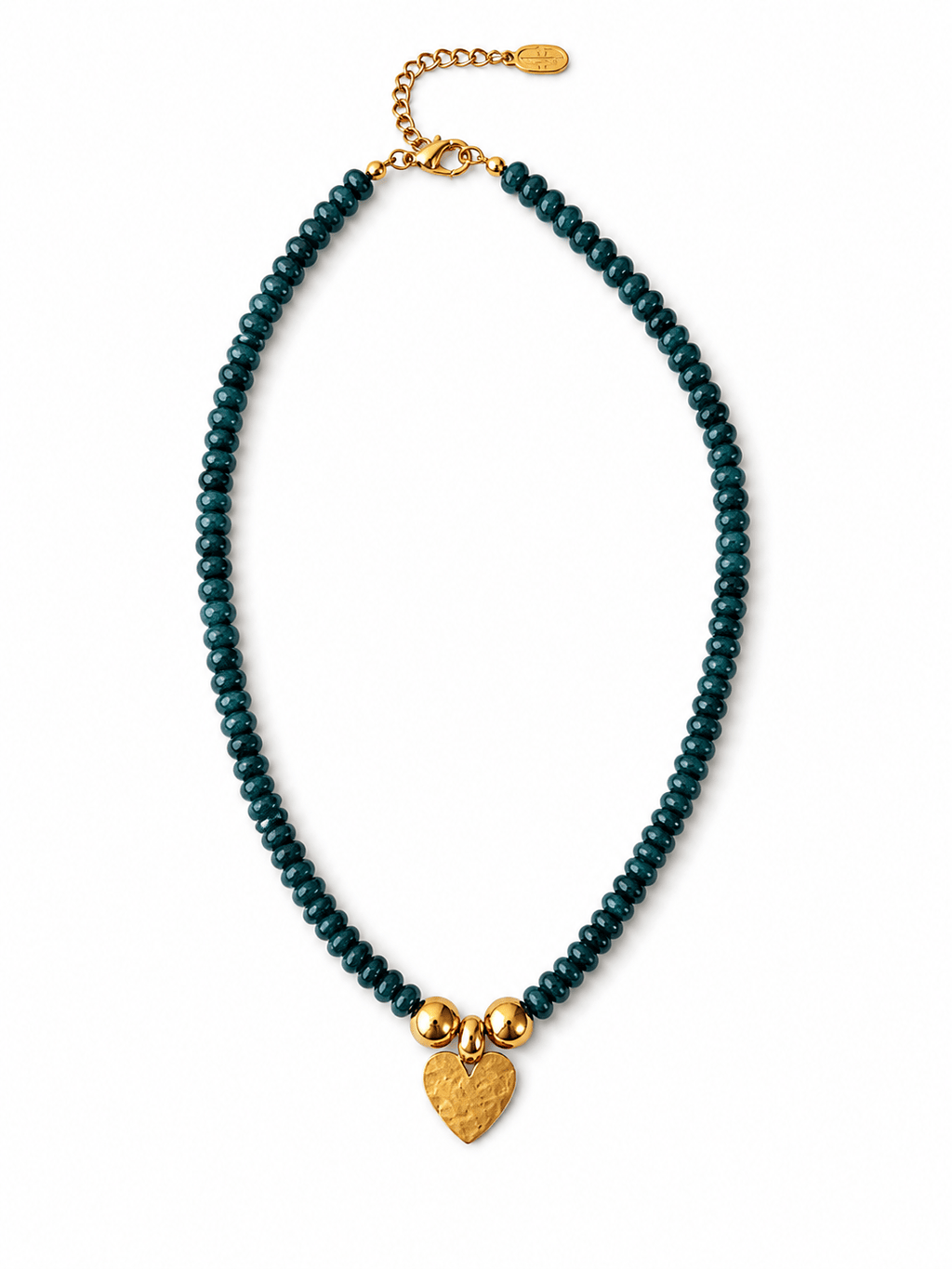 A beaded necklace featuring dark teal-green beads and a textured gold heart charm, displayed on a clean white background.