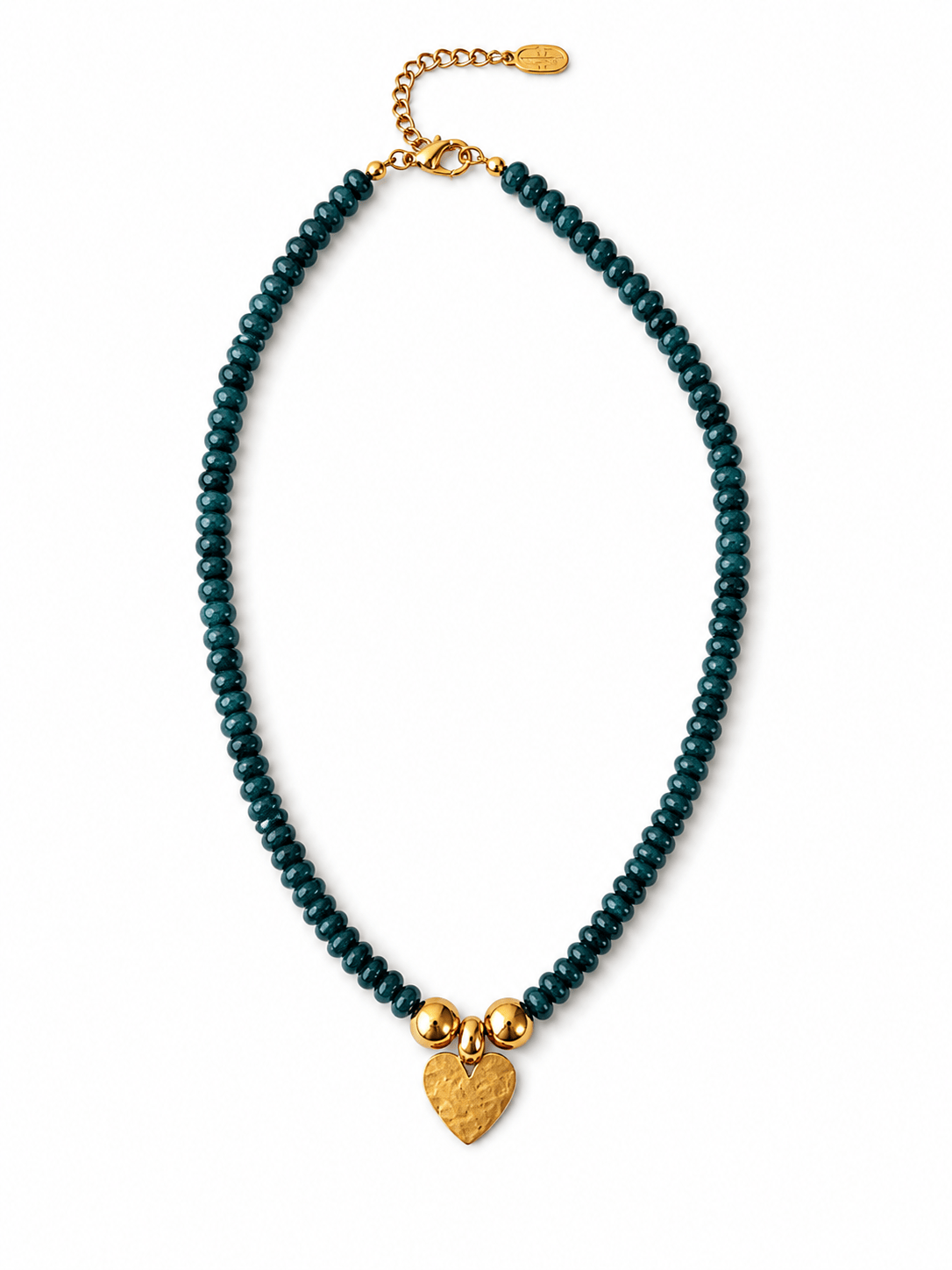 A beaded necklace featuring dark teal-green beads and a textured gold heart charm, displayed on a clean white background.