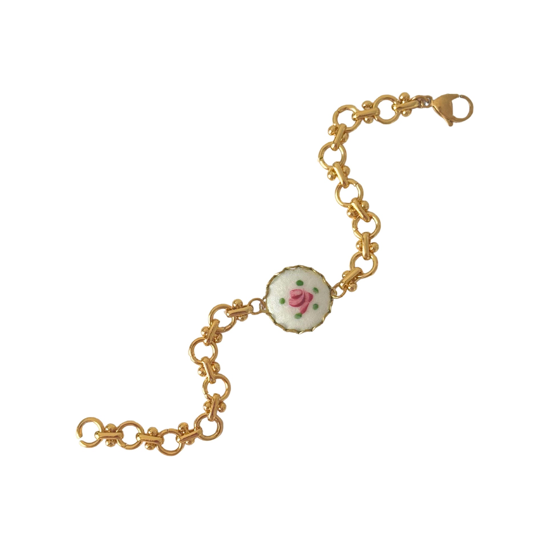 Noela Bracelet with hand-painted rose medallion on a PVD gold-plated chain