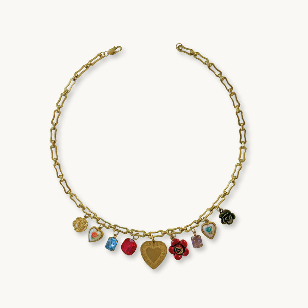 Olivia Necklace featuring a Brie medium chain with a vintage heart pendant and Limoges heart cabochons.