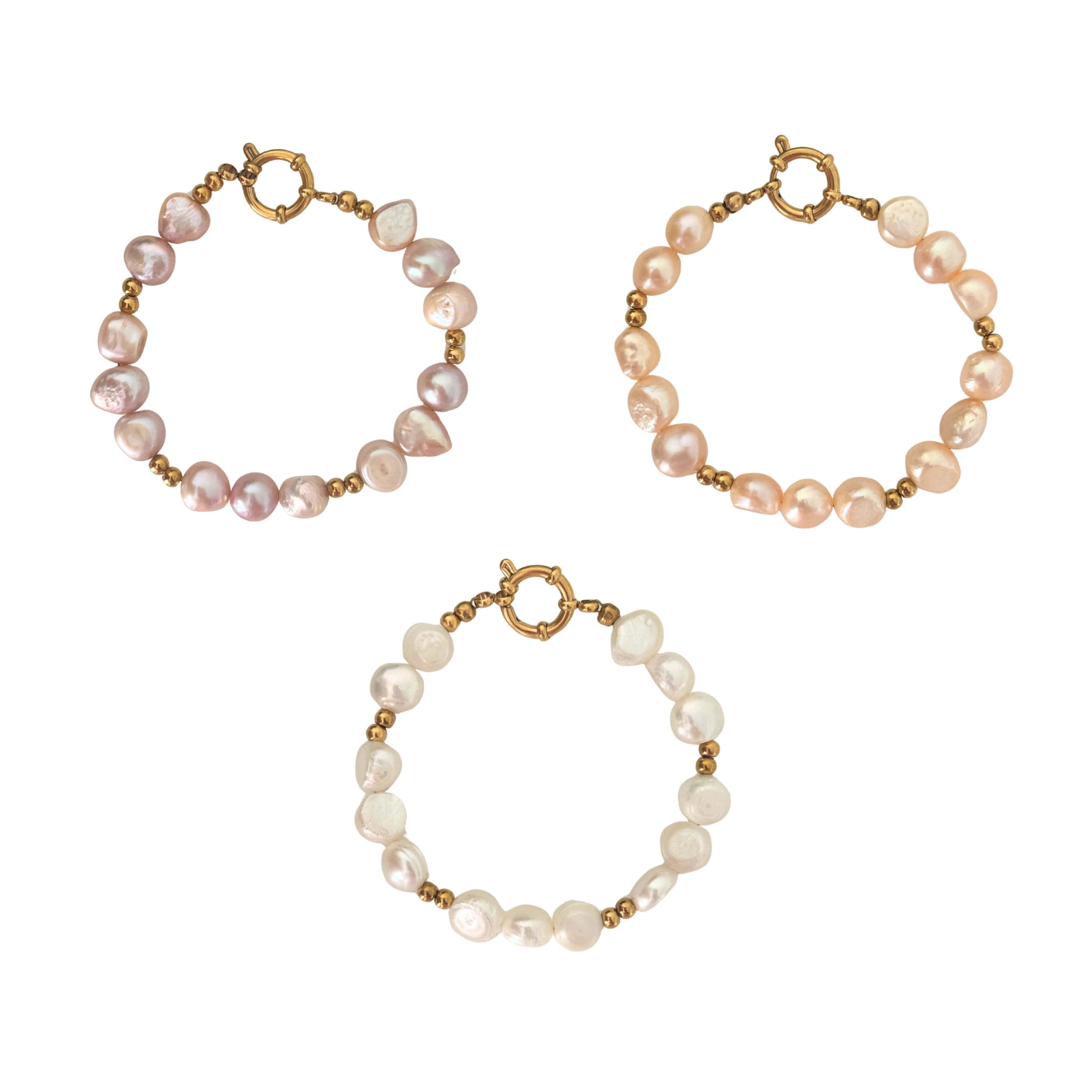 Natural pink, pearl, and peach-hued baroque pearl bracelet with gold detailing