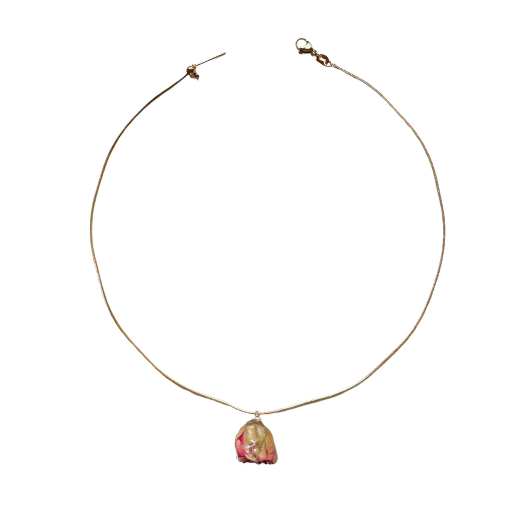 Rose Necklace flatlay with real rose pendant