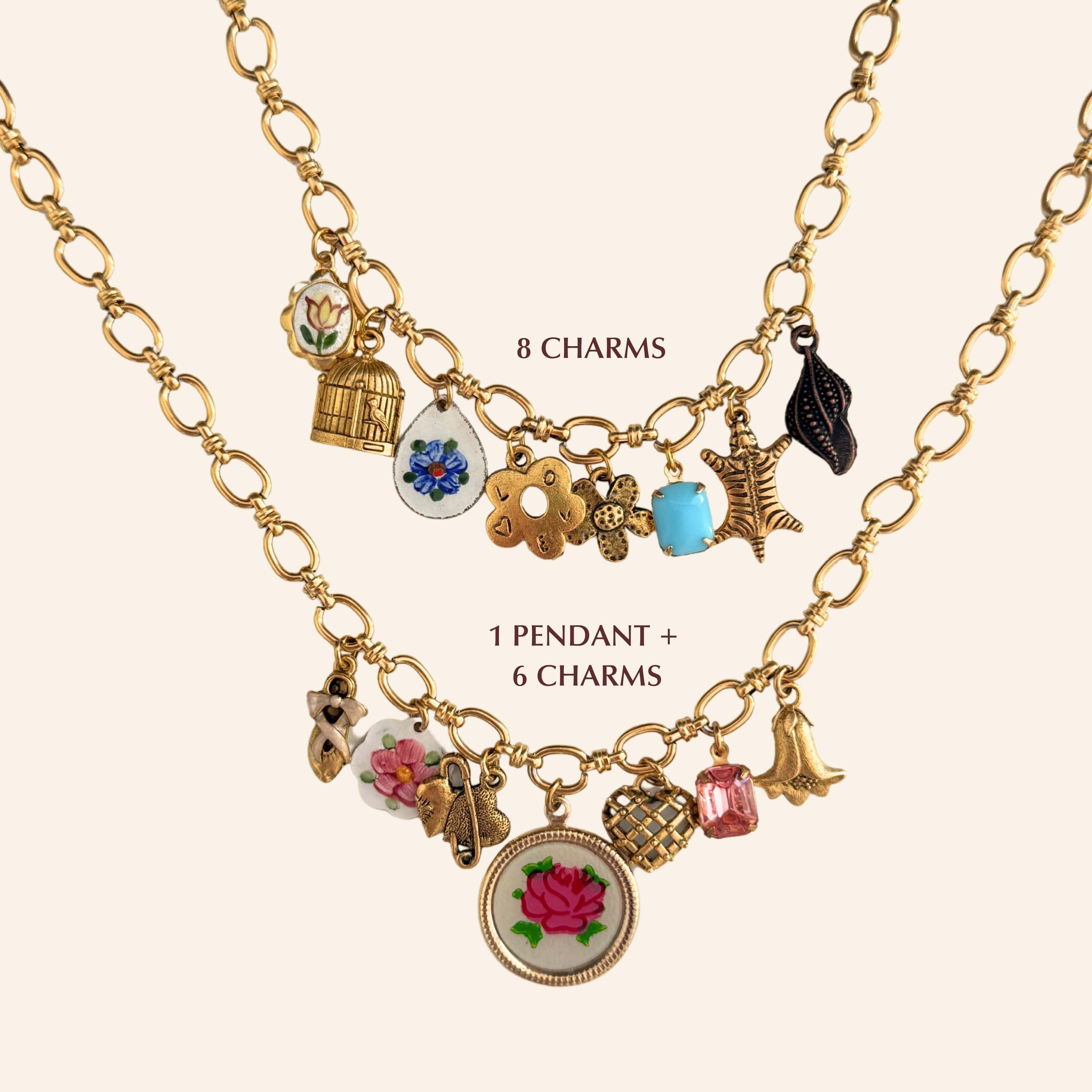 Create your own gold charm necklace with mix of pendant and charms