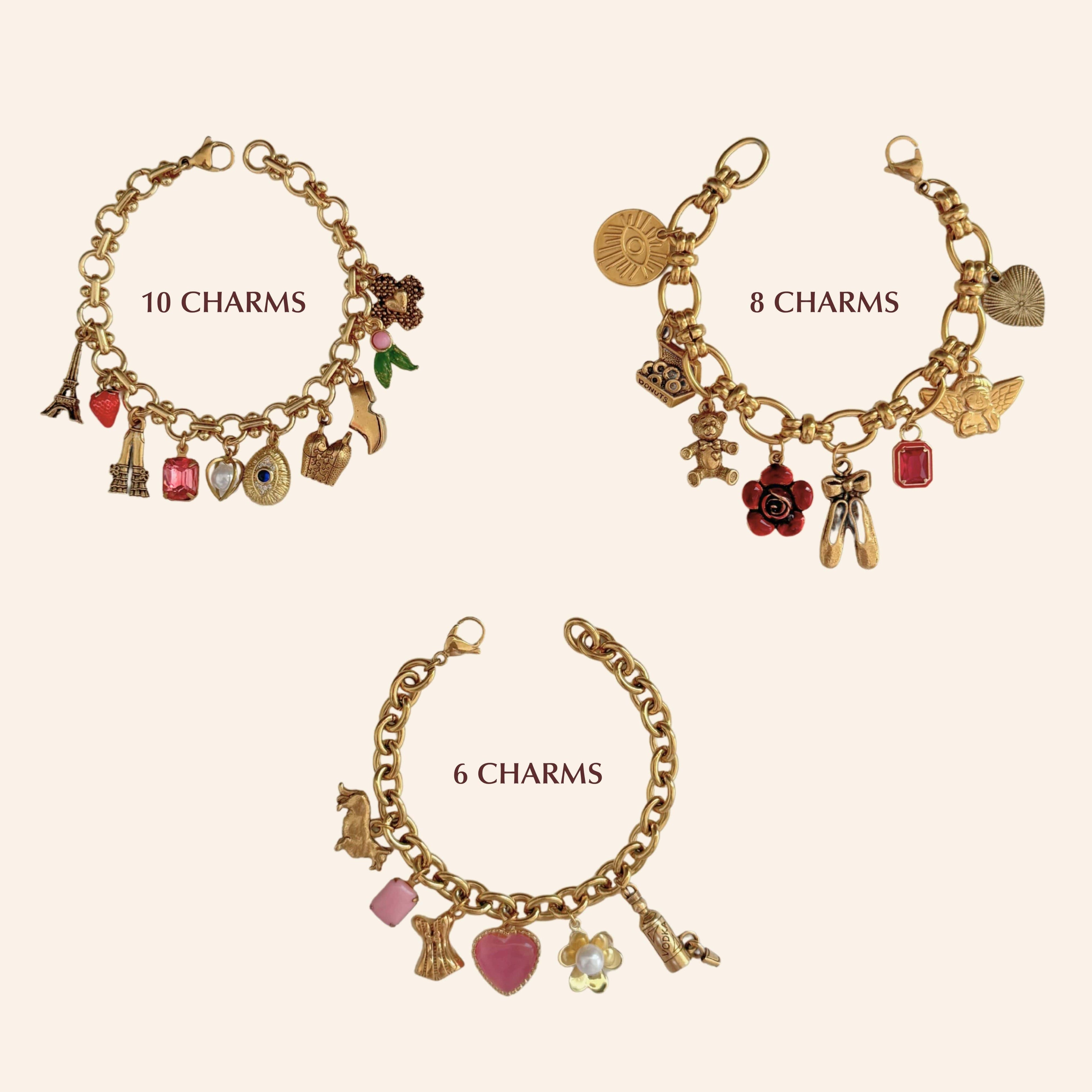Create your own gold charm bracelet with mix of 6, 8, or 10 charms