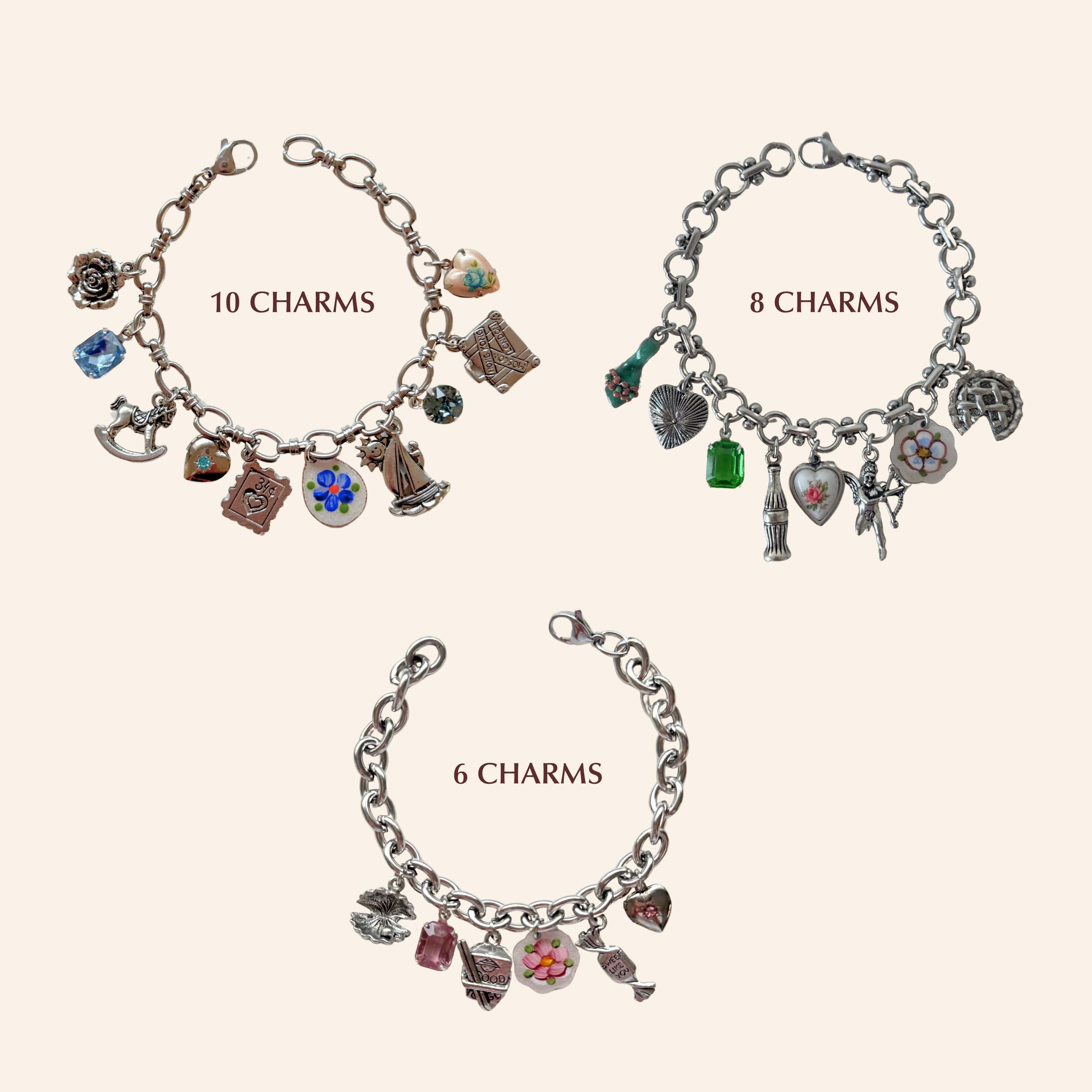 Create your own silver charm bracelet with mix of 6, 8, or 10 charms