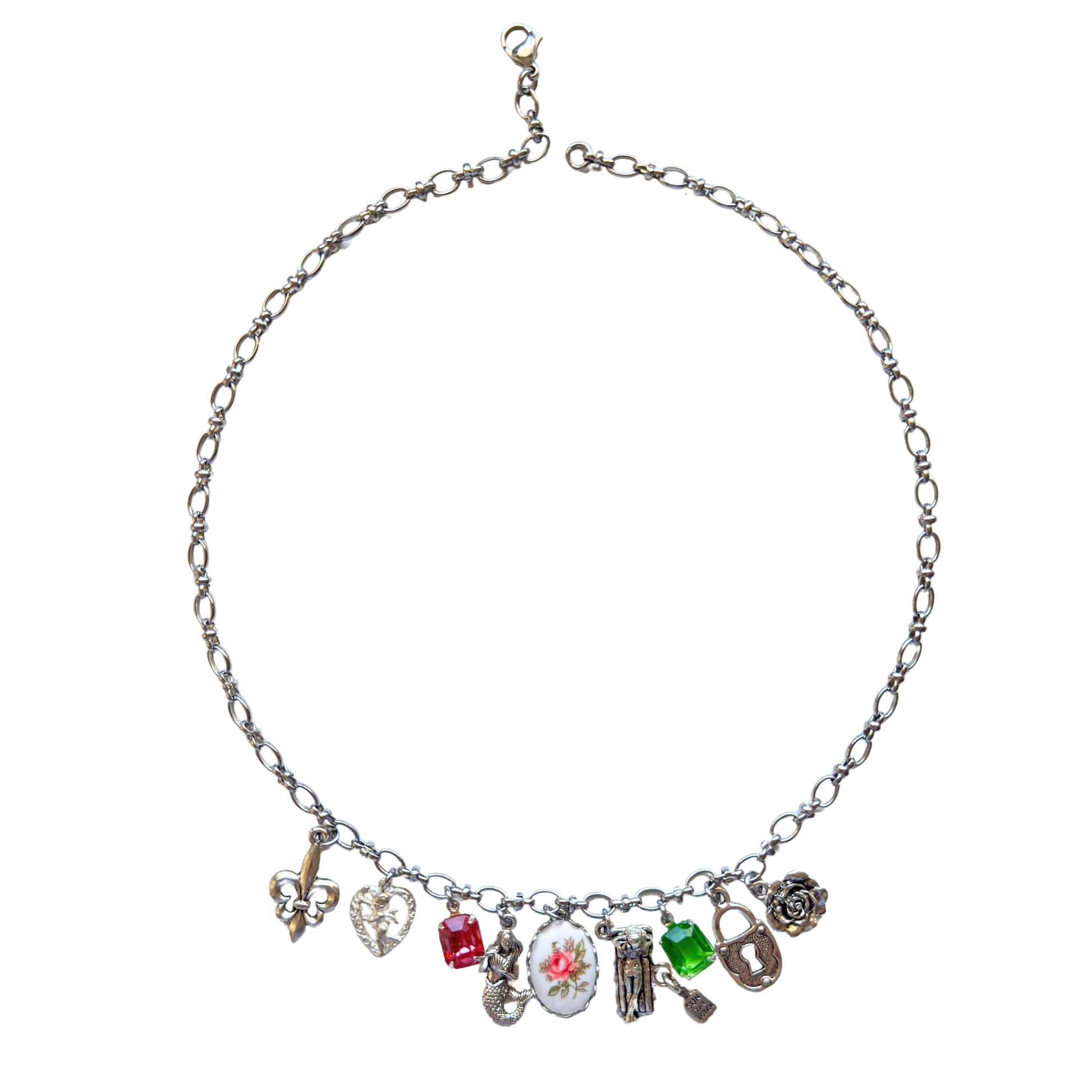 Tatiana Necklace flatlay with vintage pewter charms