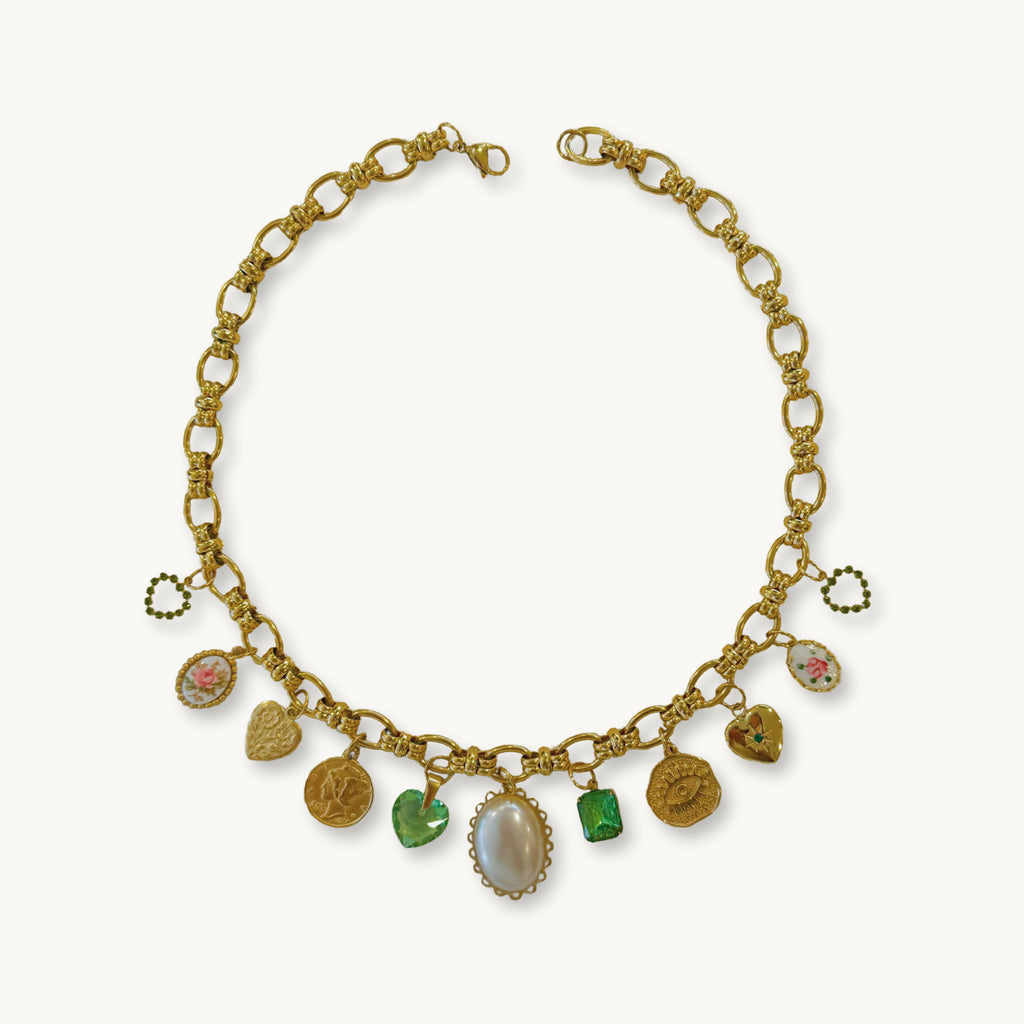 Zoe Necklace featuring a chunky Georgette chain with a faux pearl cabochon and Swarovski crystal charms.