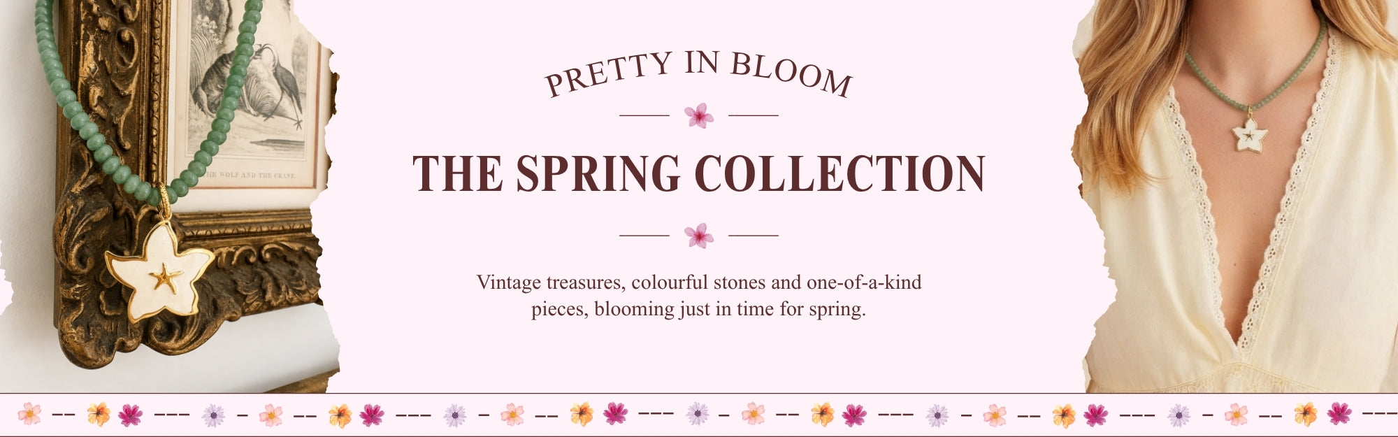 Promotional banner for 'The Spring Collection' by Pretty In Bloom, featuring a model wearing a green beaded necklace with a white flower pendant on the right, and a close-up of a matching green beaded necklace on the left against a decorative gold frame.